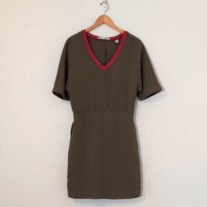 Scotch & Soda Red and Olive Army Green V-Neck Casual Sheath Midi Dress Sz XS